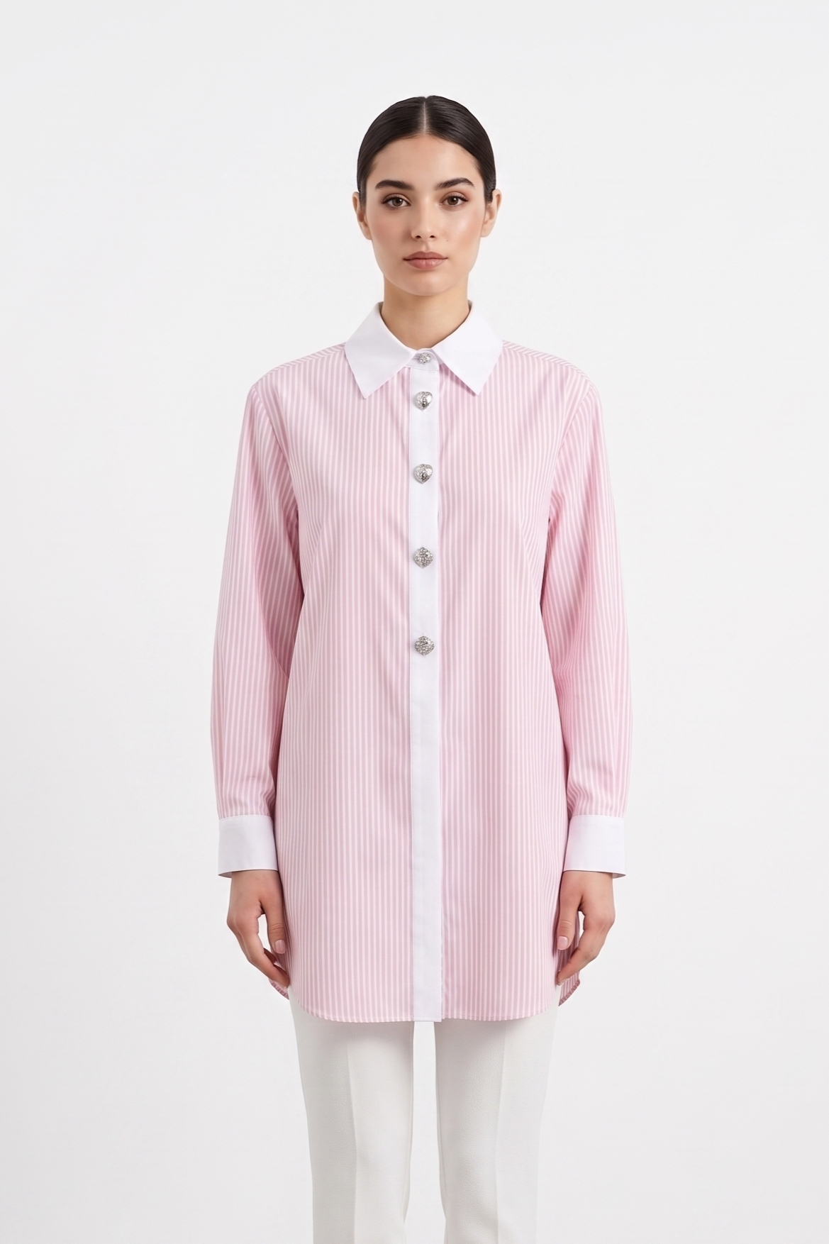 Üç Farklı Düğme Detay Çizgili Tunik 1520 - Pembe