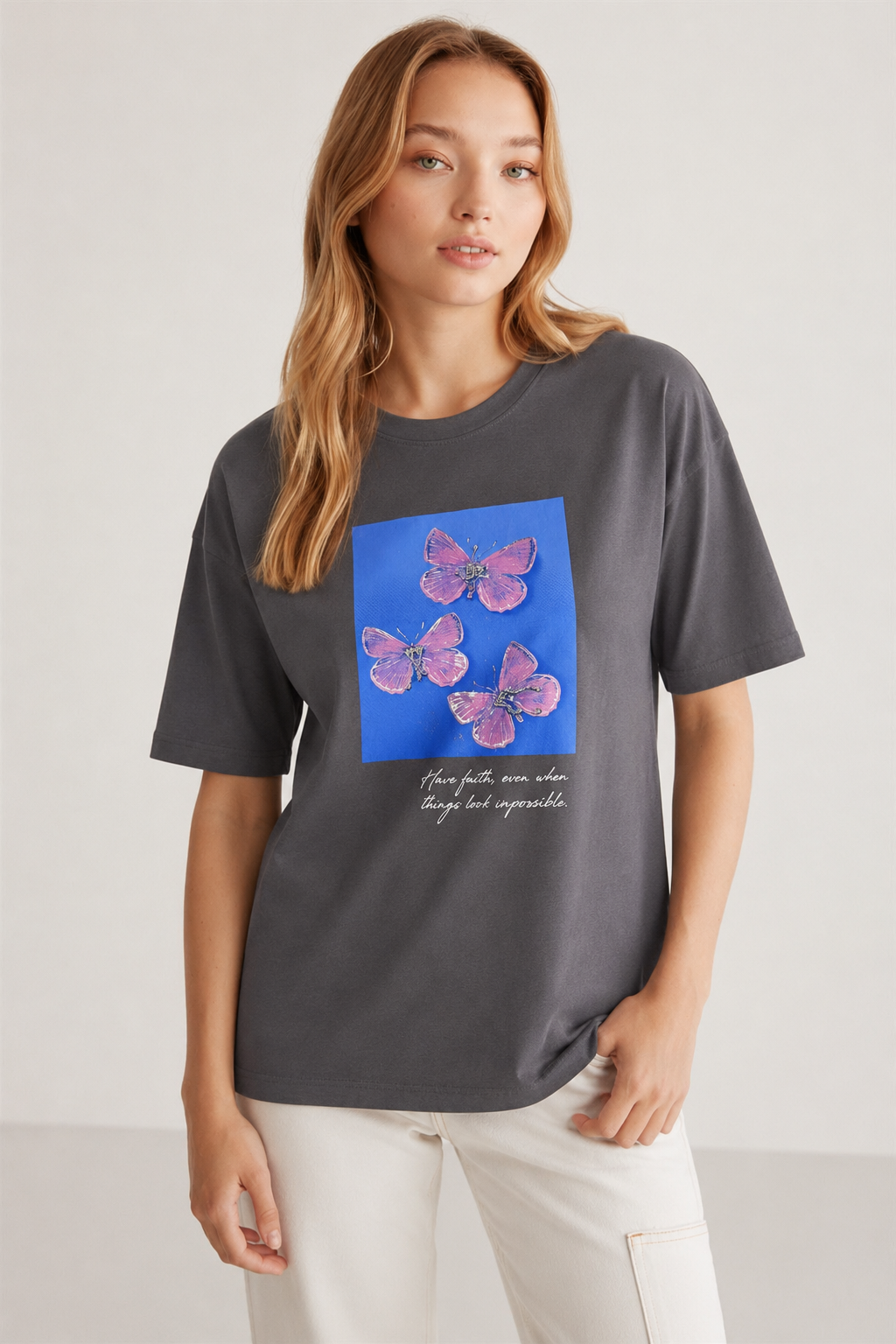 Üç Kelebek Baskılı Tshirt 2657 - Antrasit
