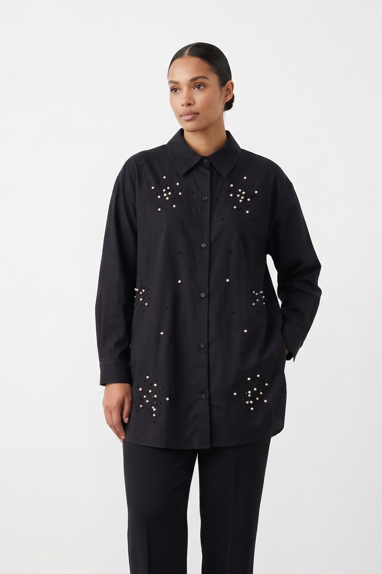 Taş ve Boncuk İşlemeli Büyük Beden Tunik 19261 - Siyah