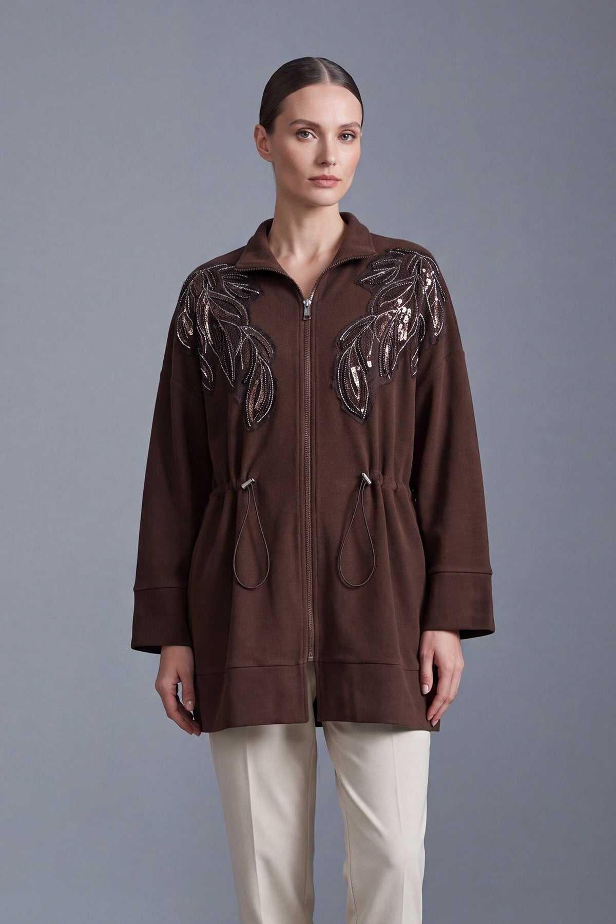 Payet İşlemeli Büzgülü Tunik 10836 Browni