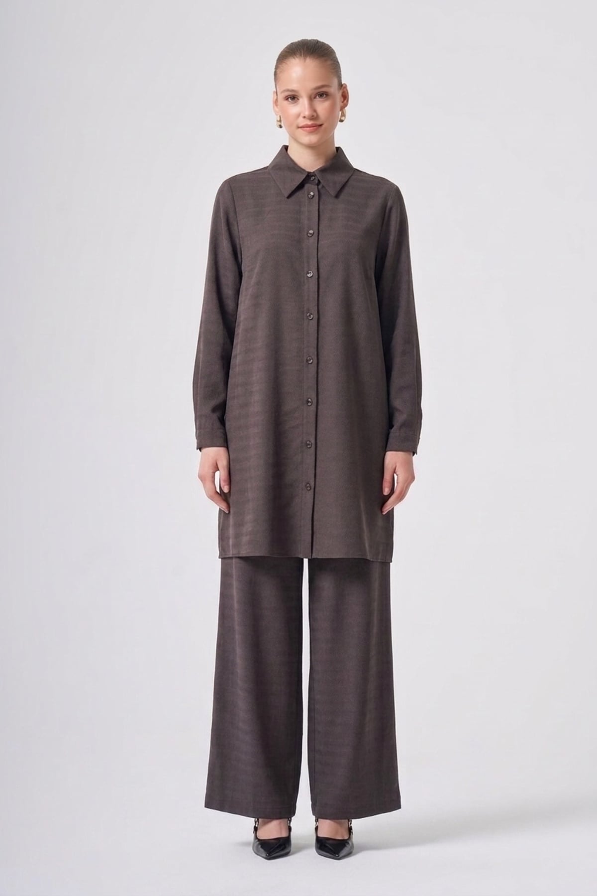 Nuss 1096 Uzun Tunik Detay Kendinden Desenli Takım Kahve