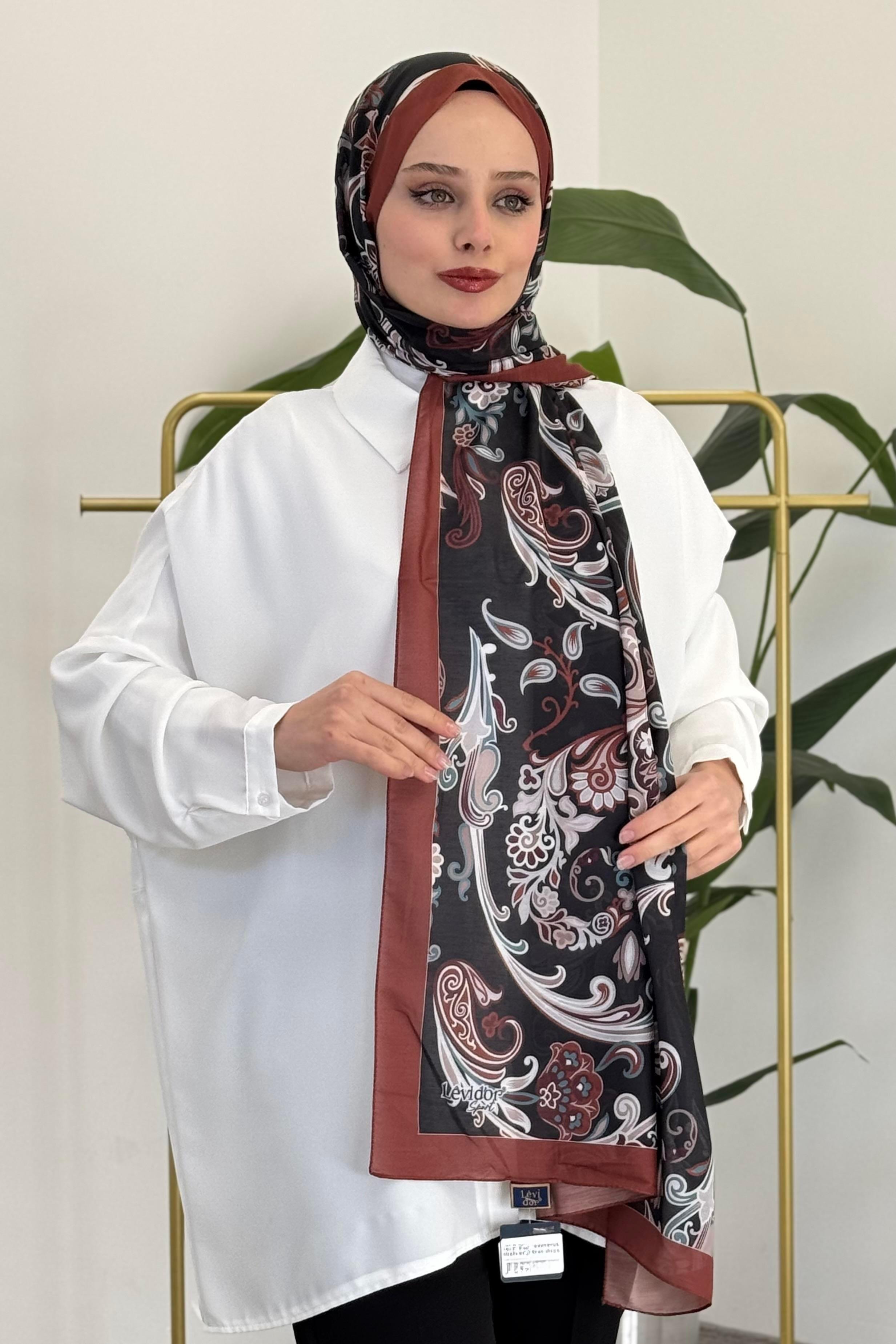 Levidor 11212 Dalga Desen Çiçekli Şal - Siyah - Bordo