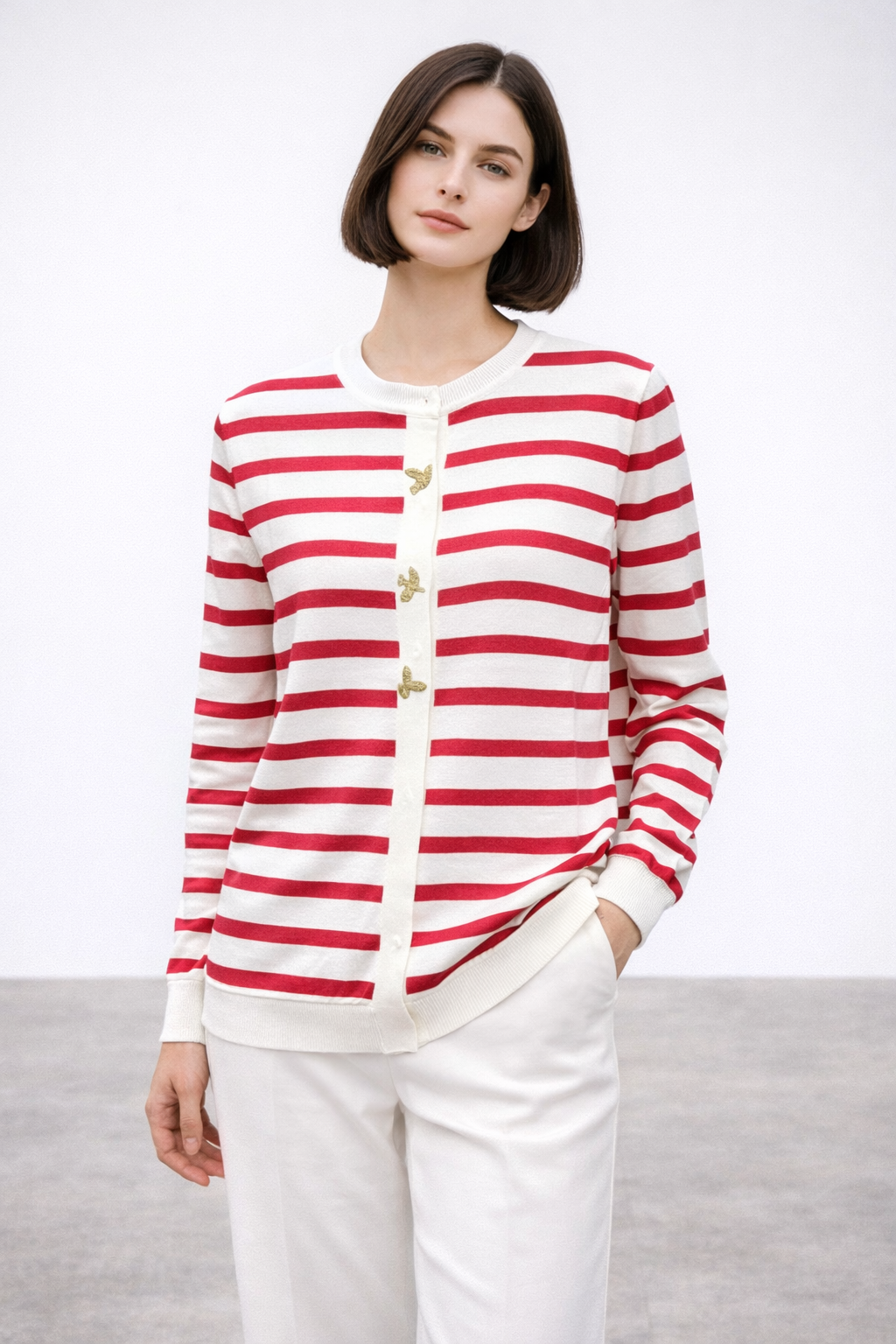 Ghisa 3313 Hırka - Ekru - Kırmızı