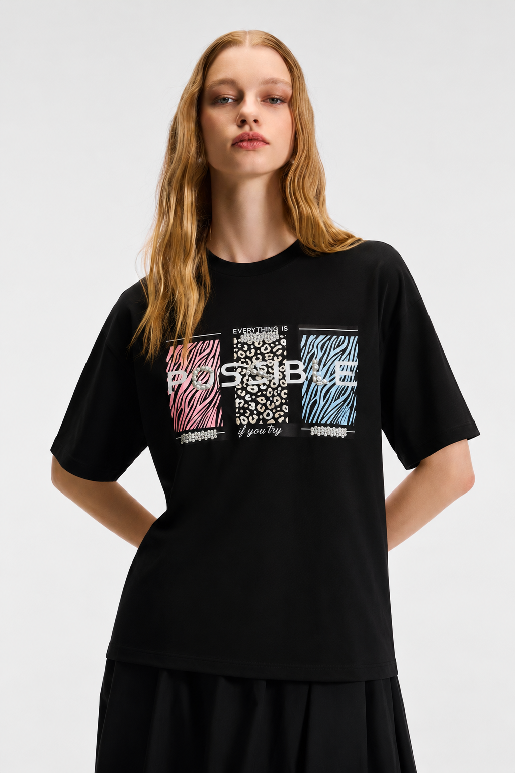 Possbile Yazısı Taş İşlemeli Tshirt 3055 - Siyah