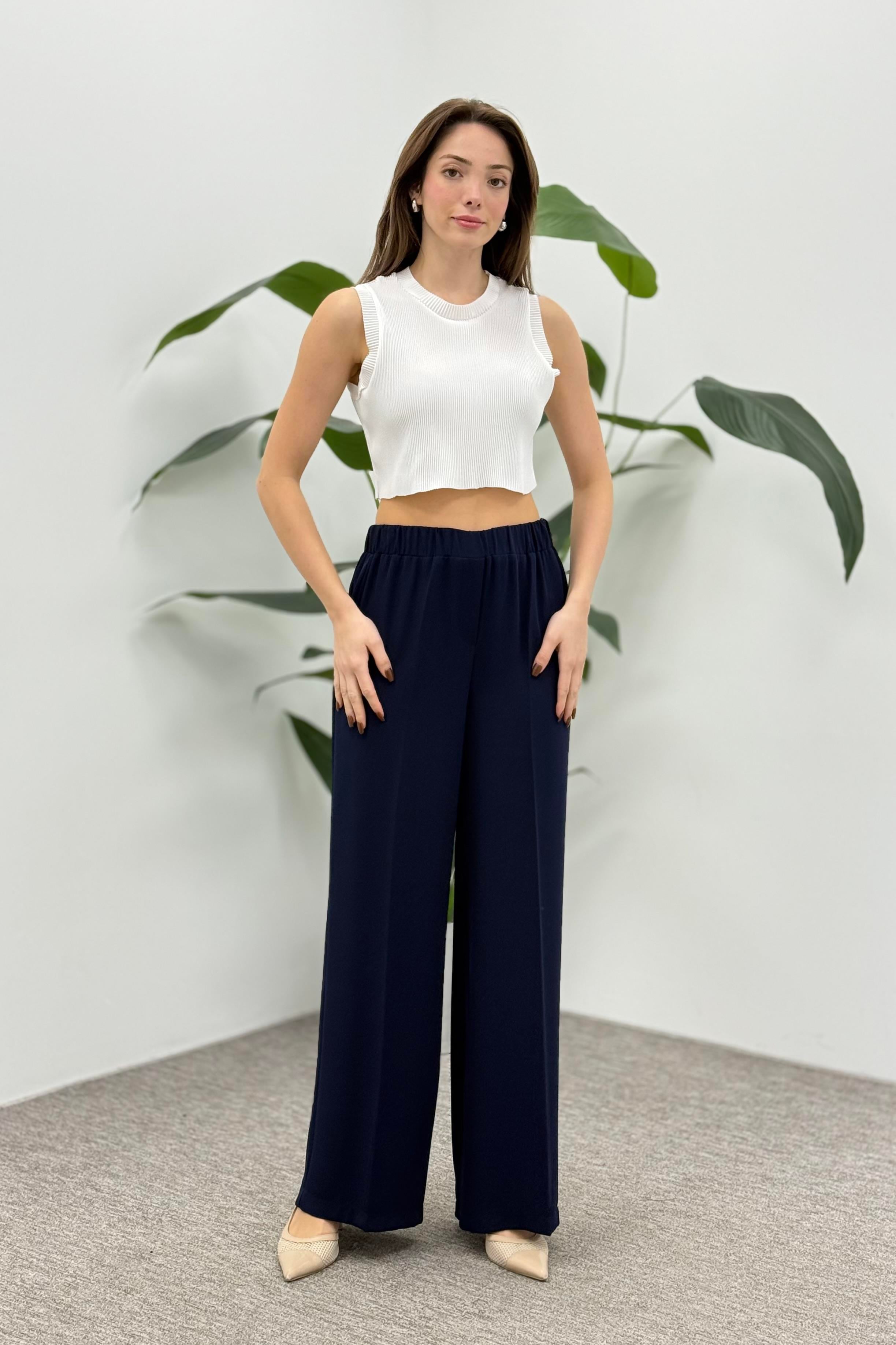 Beli Lastikli Bol Paça Krep Pantolon 1017 - Lacivert
