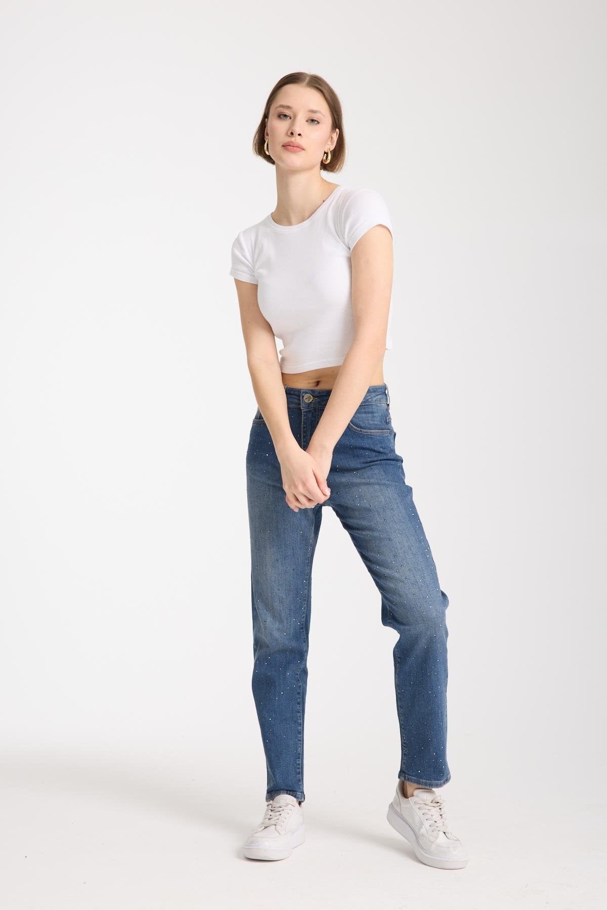 Damla Taş İşlemeli Mom Pantolon 0291-DT - Kahve Tint