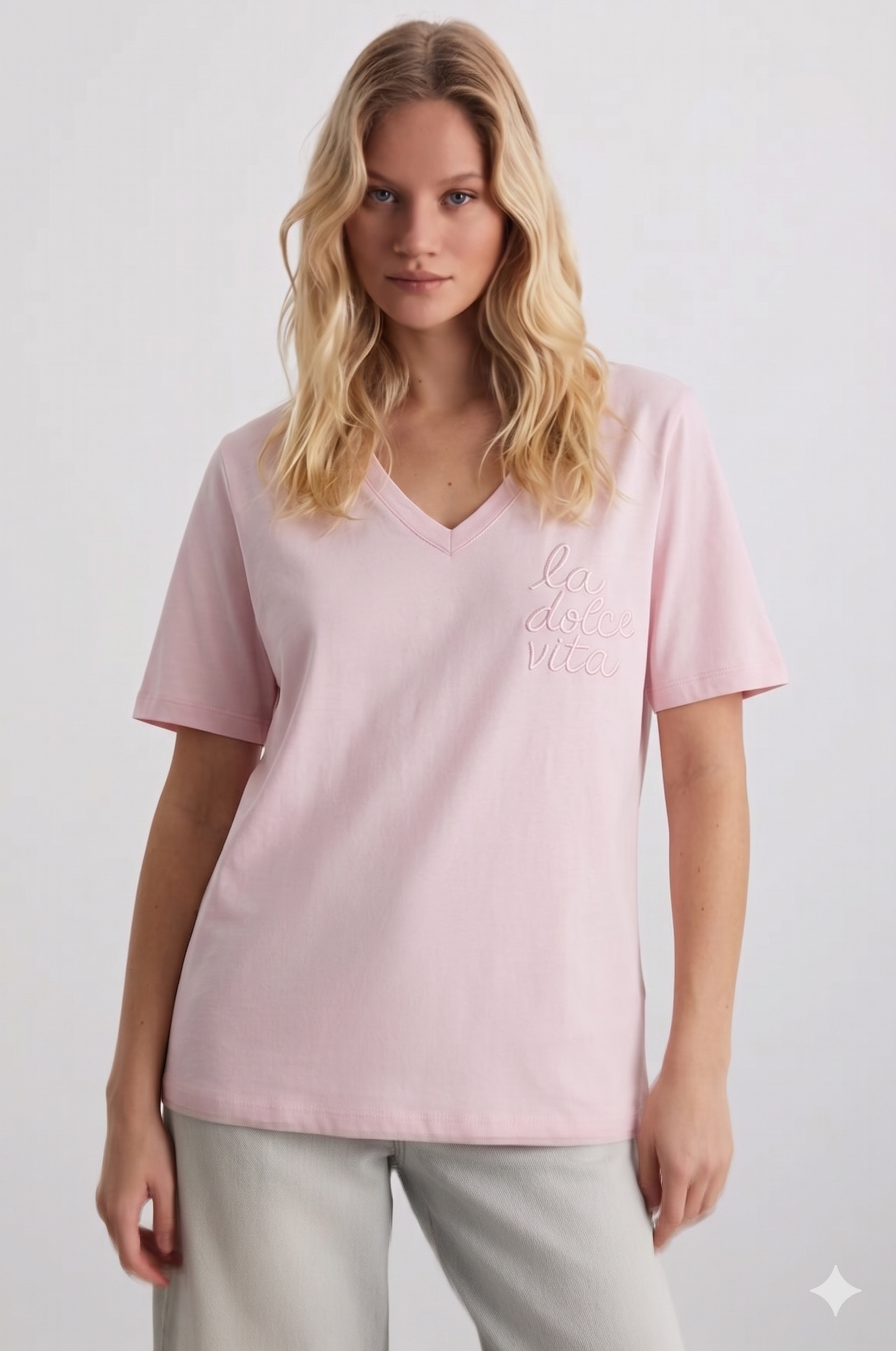 La Dolche Vita Yazılı V Yaka Tshirt 4044 - Pembe