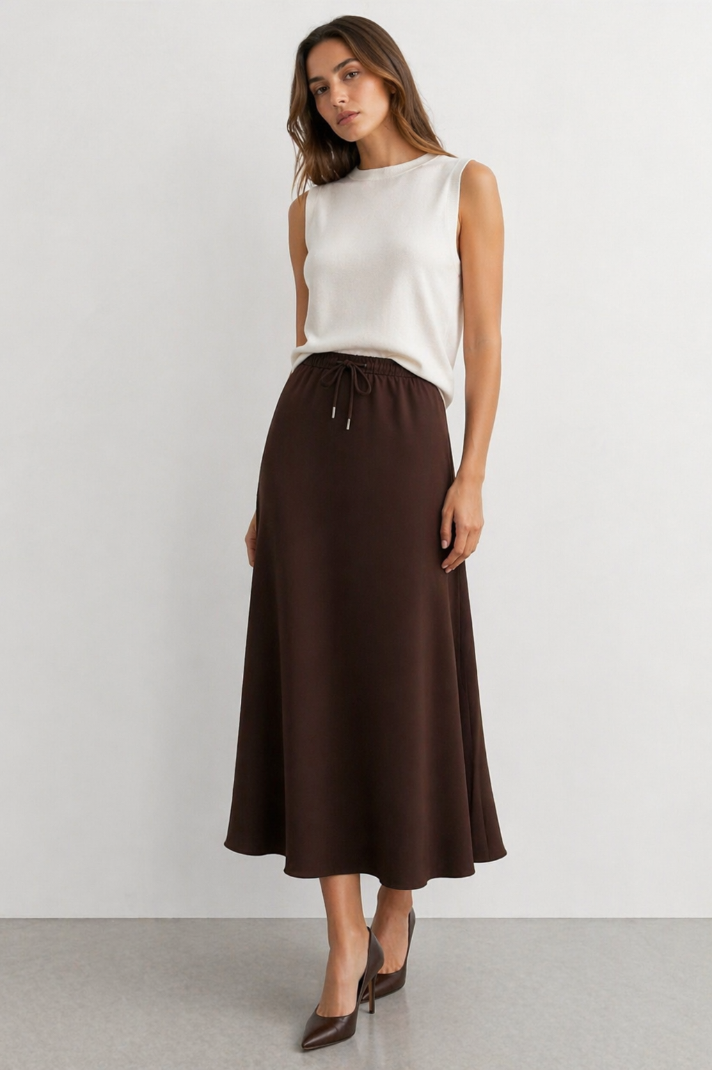 Beli İp Detay Astarlı Saten Etek 3020 - Kahve