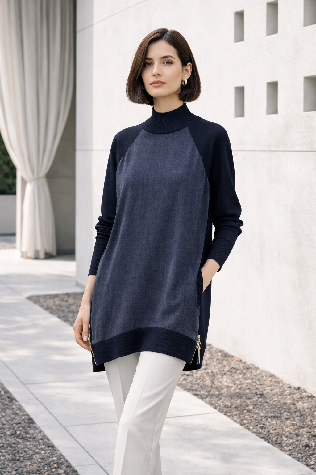 Yan Fermuar Detay Düz Baskılı Qupra Tunik 286 - Lacivert