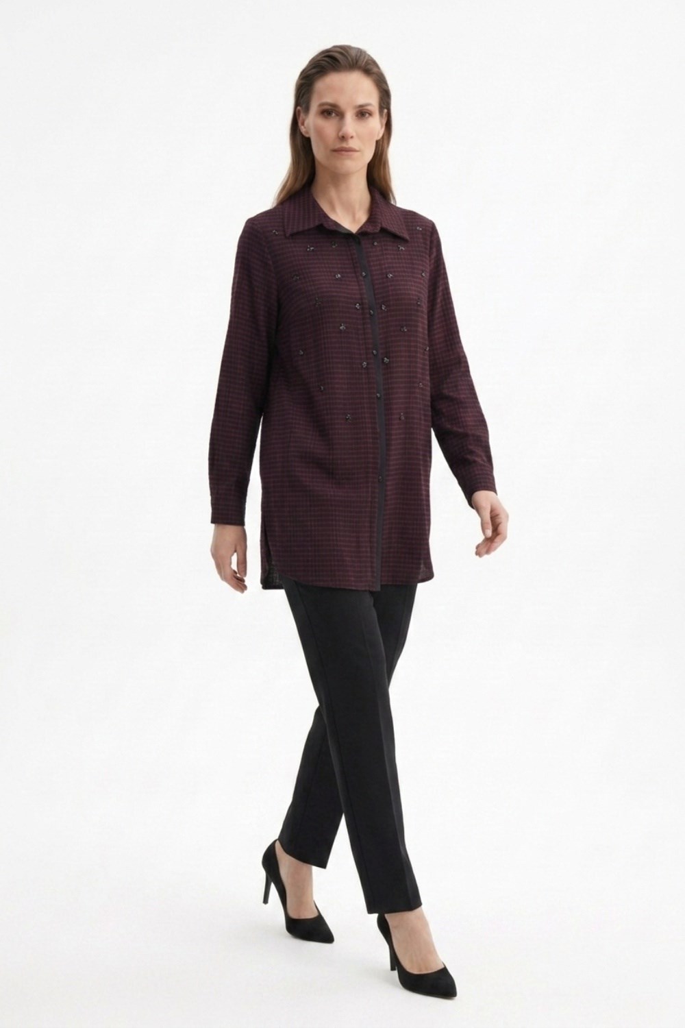 Fuat Gürşen 6304 Serpme Taş İşlemeli Tunik Bordo