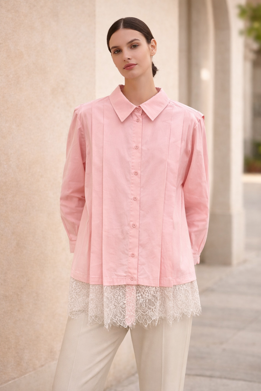 Pileli Dantel Detaylı Tunik 260122 - Pembe