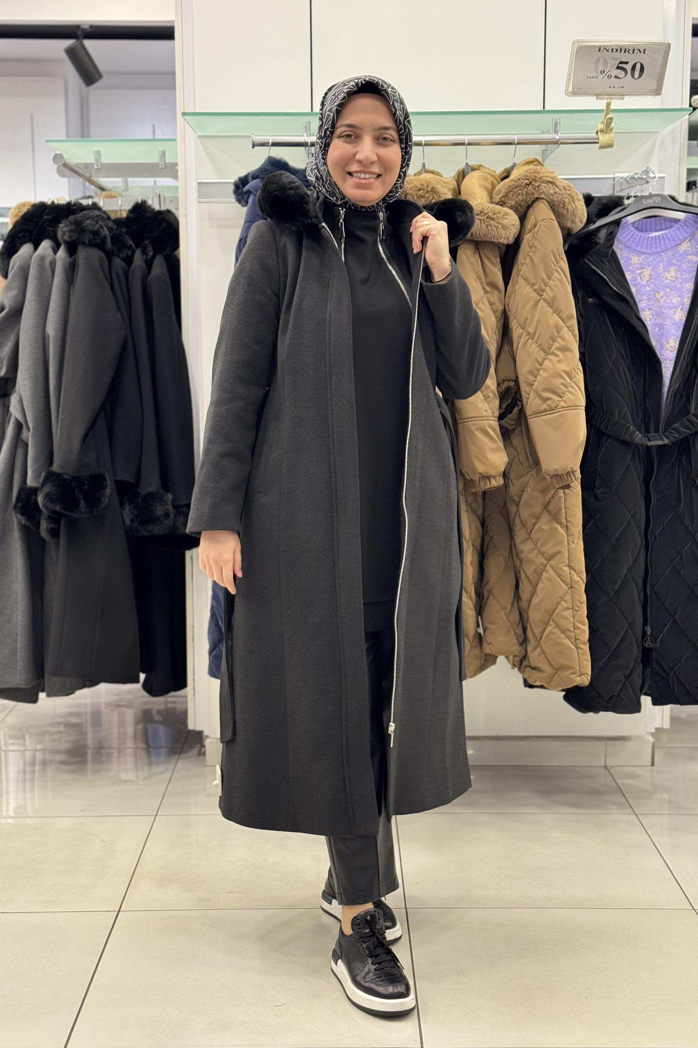 Armine Trend 24KT742 Fermuarlı Kemer Detaylı Kaban - Antrasit