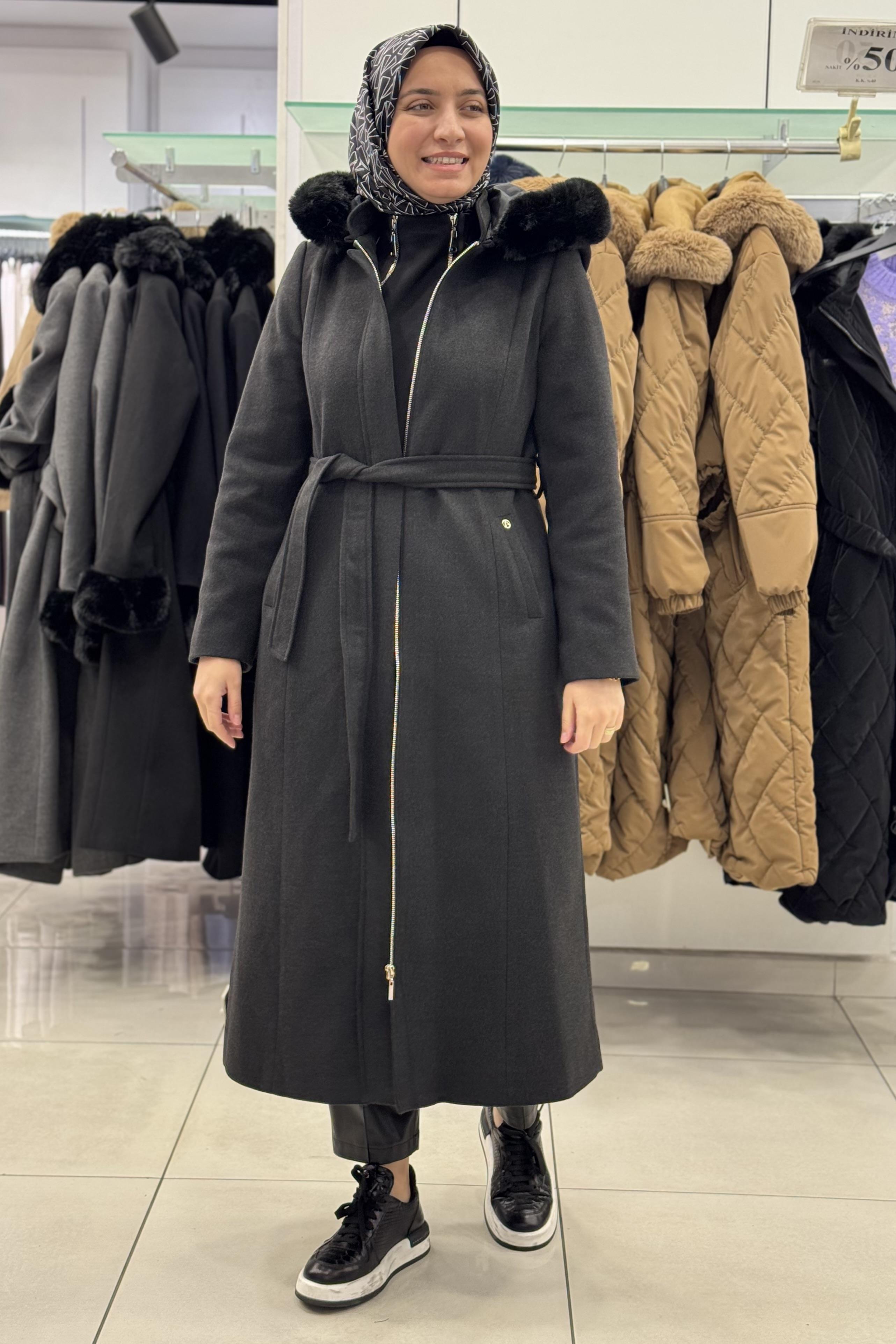 ARMİNE TREND Armine Trend 24Kt742 Fermuarlı Kemer Detaylı Kaban - Antrasit  Kaban & Mont 