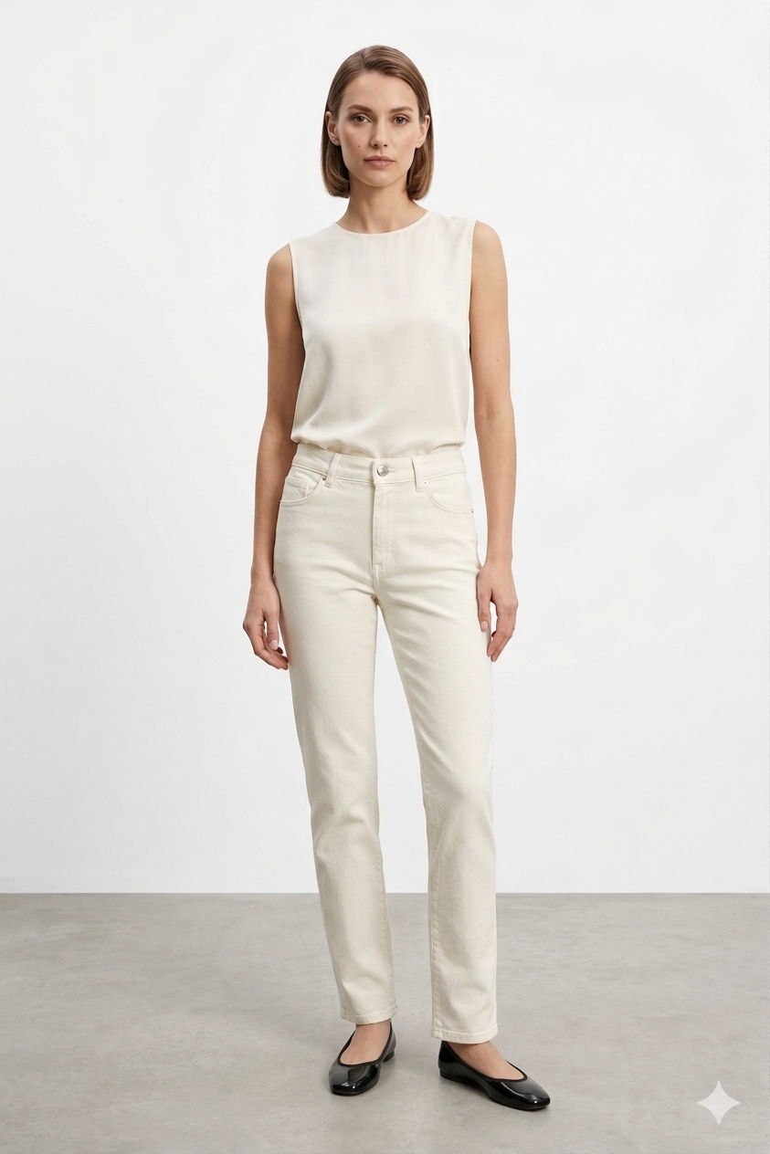 Mom Jeans Düz Kot Pantolon 0291-D - Beyaz