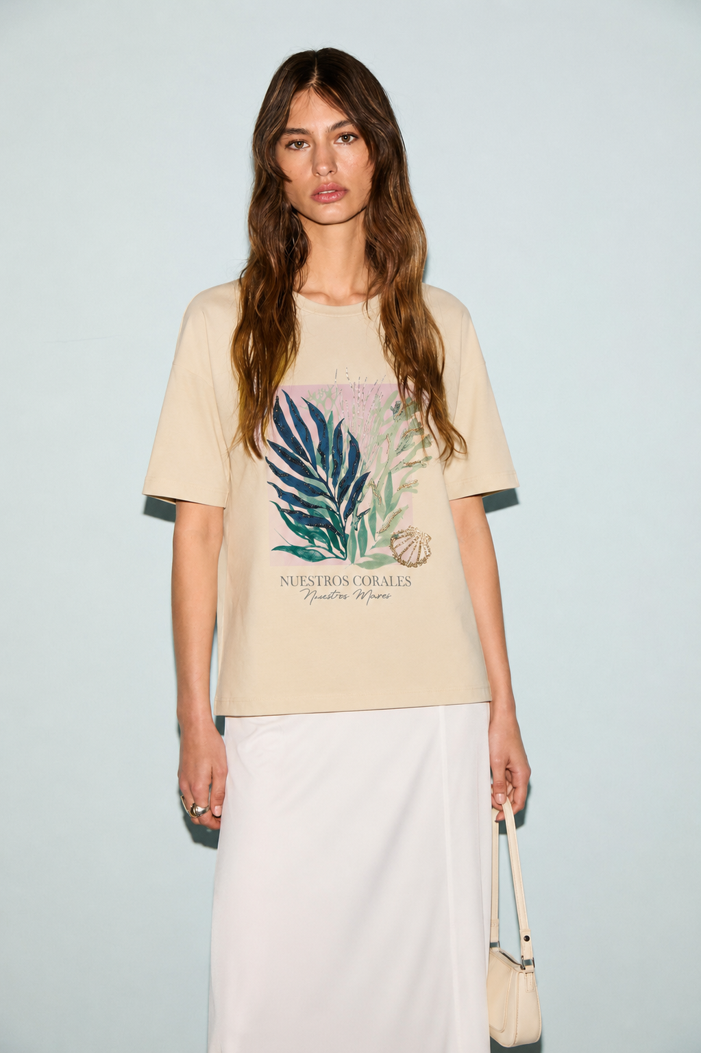 Yaprakları Payet İşlemeli Tshirt 3005 - Bej