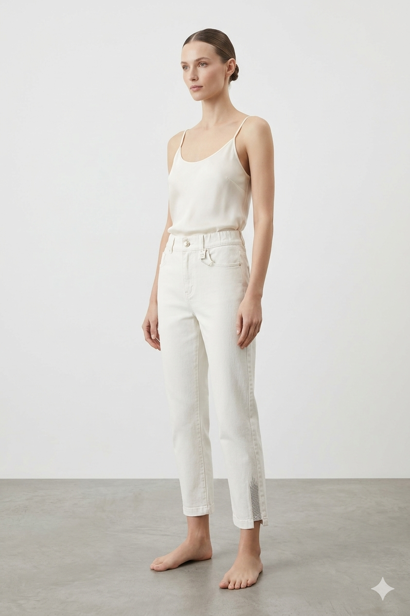 Paça Taş İşlemeli Mom Pantolon 6001 - Beyaz