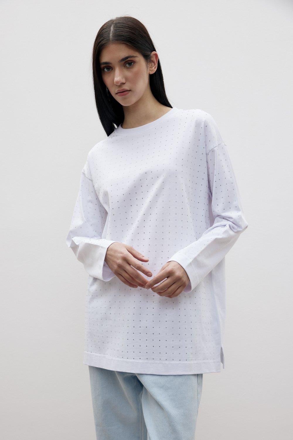Merwish 1386 Taşlı  Tunik - Beyaz