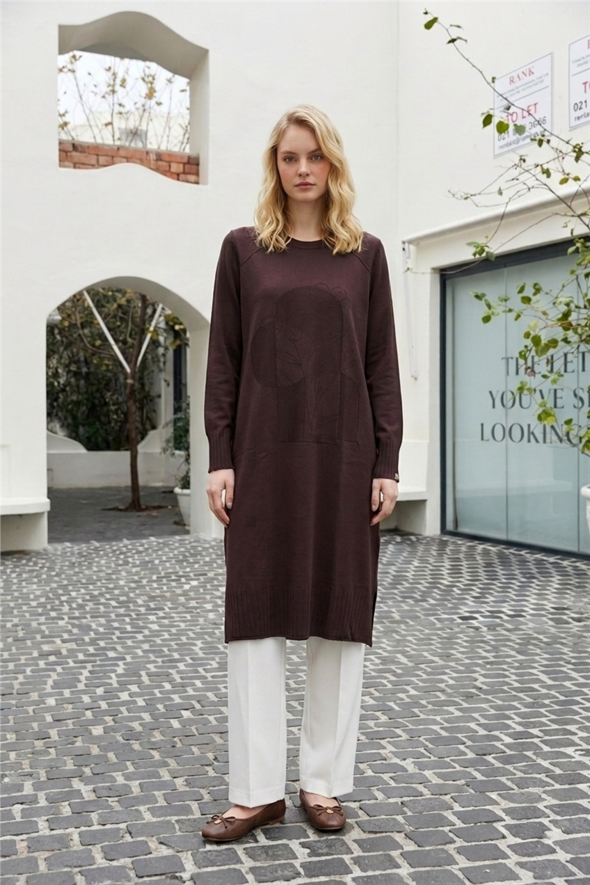 Ön Çiçek Baskılı Tunik 36231 Kahve