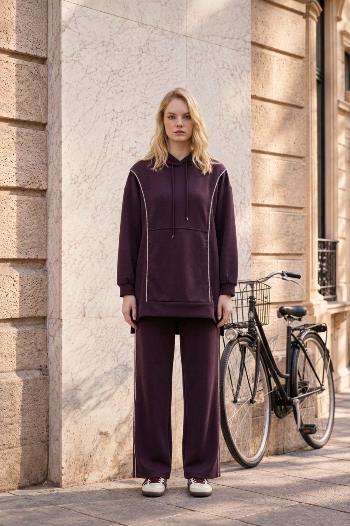 Nuss 1051 Yanları Sim İp Detay Pantolonlu Takım Mürdüm