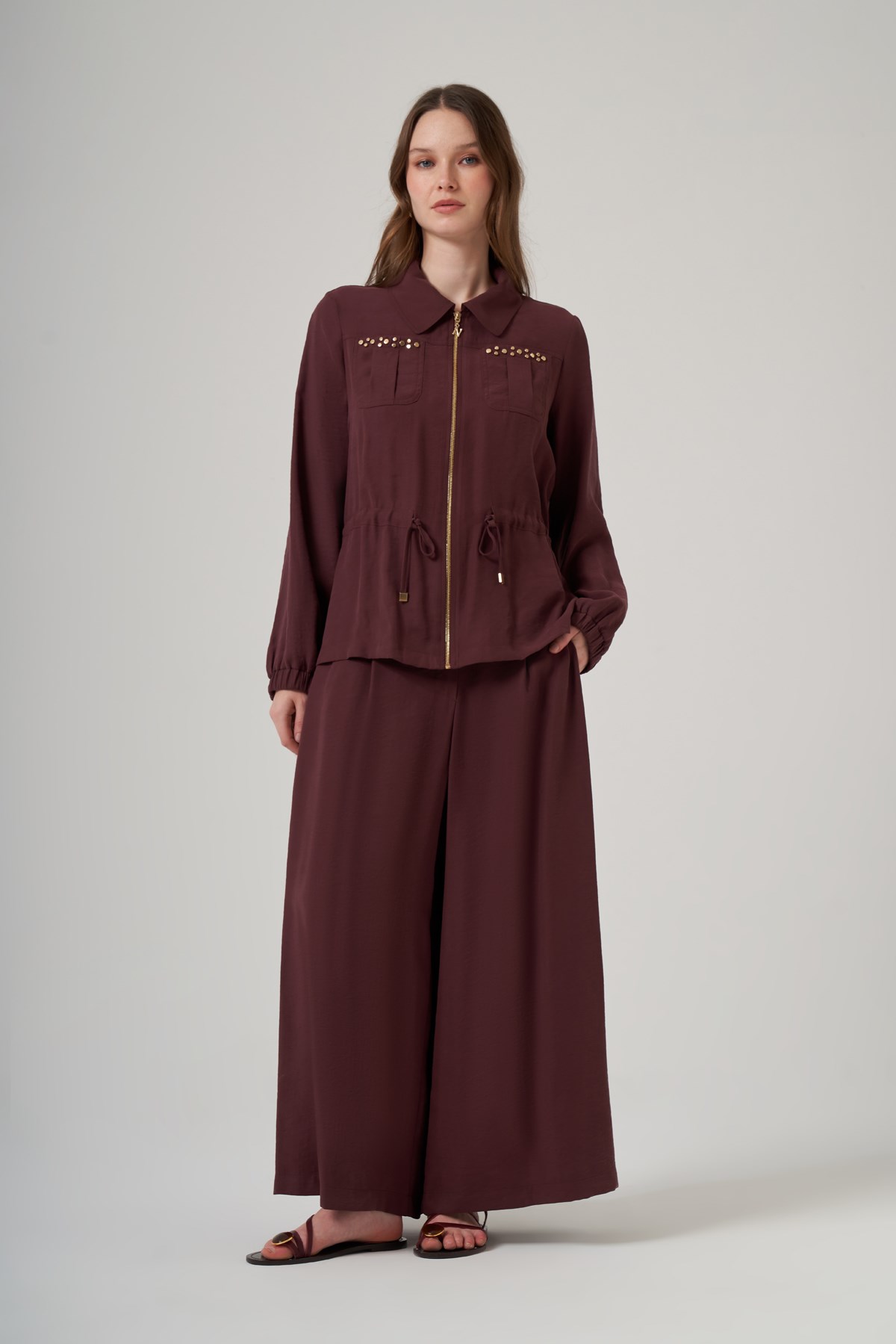 Nuss 1049 Cep Zımba Detay Pantolonlu Takım - Bordo