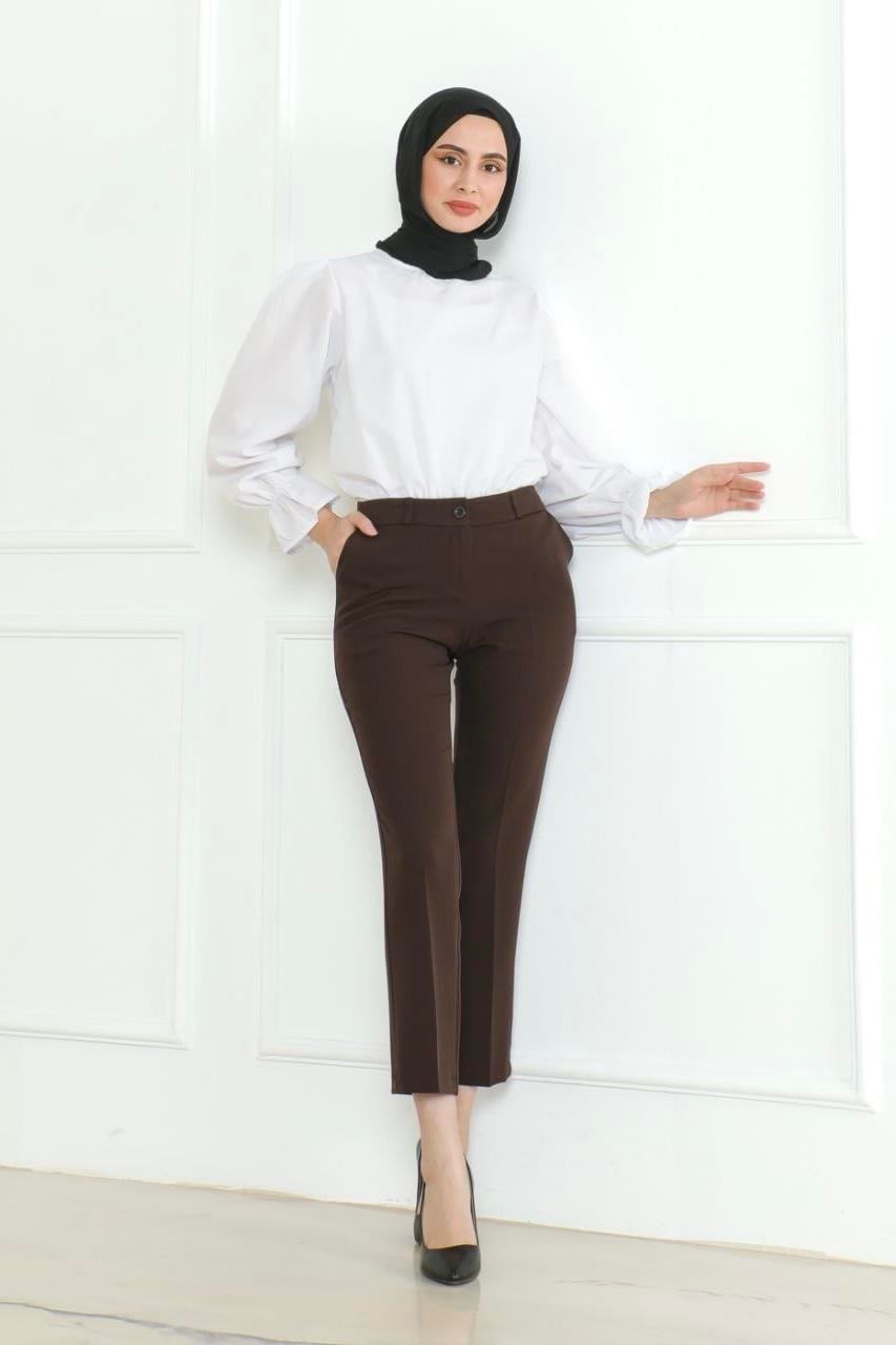 MİZZA Beli Kemerli Klasik Kumaş Pantolon 1010 - Kahve Beli Kemerli Klasik Kumaş Pantolon 1010 - Kahve - Bilen Giyim Pantolon 