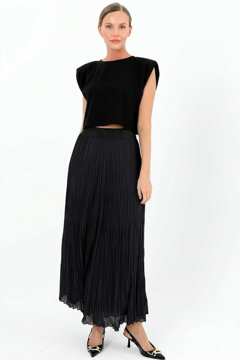 Sentez 5432 Şifon Kırıştırma Etek - Siyah