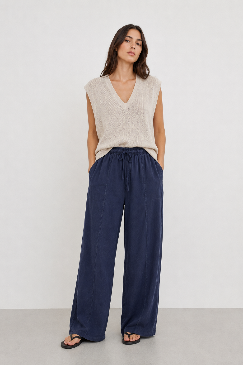 Yıkamalı Tencel Palazzo Pantolon 0036572 - Lacivert