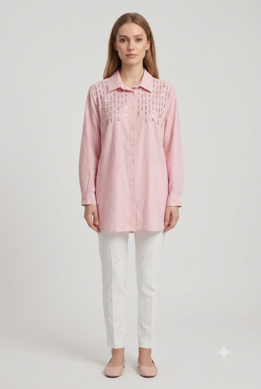Omuzu Boncuk Detaylı Tunik 10794 - Pembe