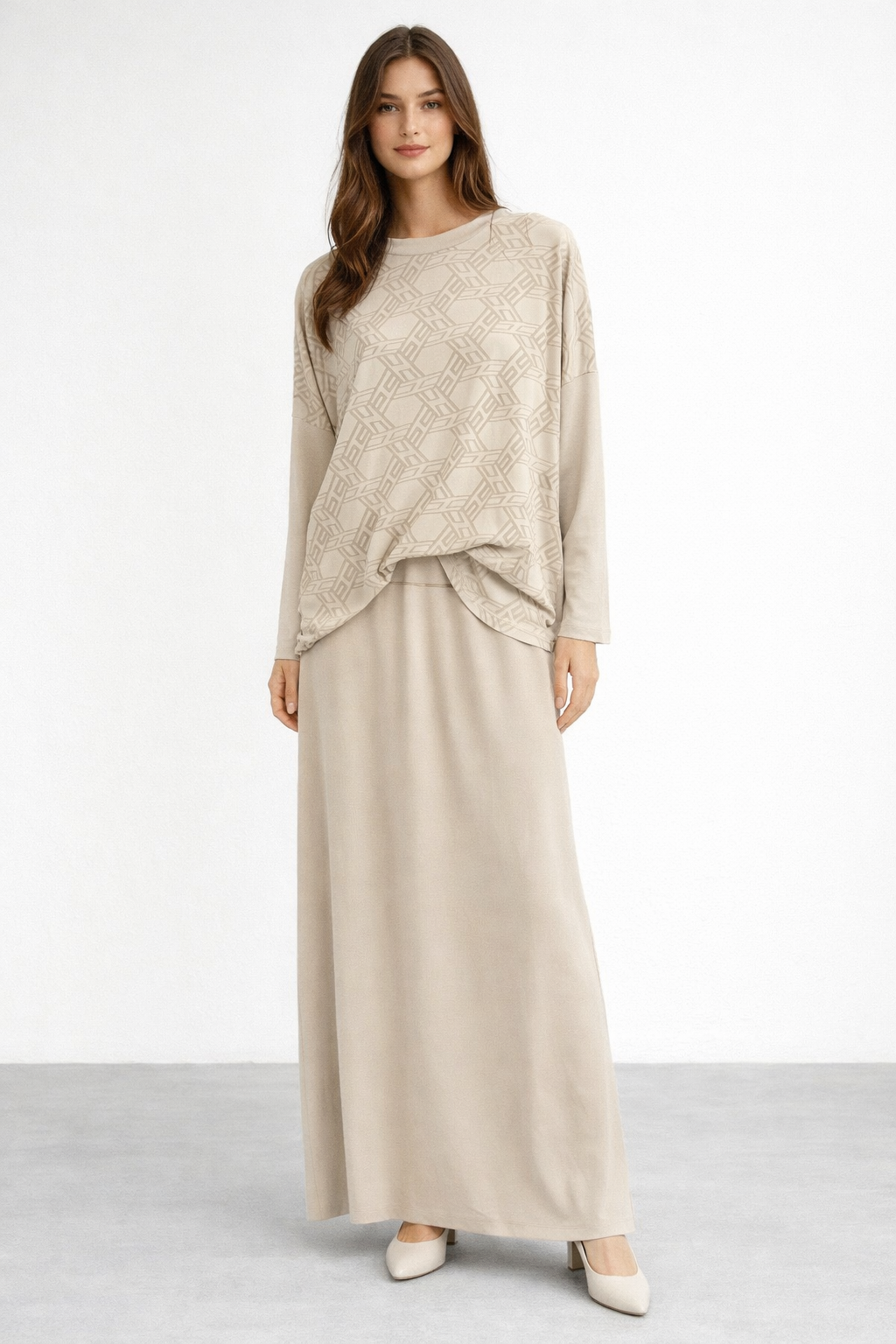 Nuss 1058 Bluzu Büzgü Detay Etekli Takım - Bej