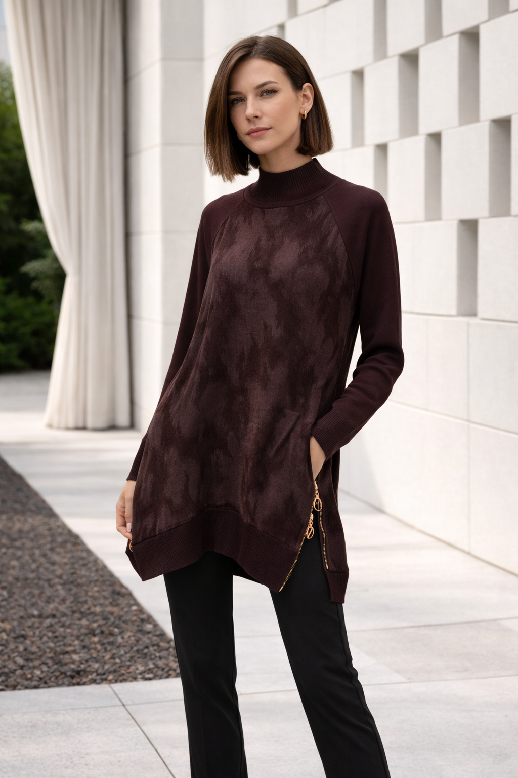 Soyut Desen Yan Fermuar Detay Qupra Tunik 290 - Kahve