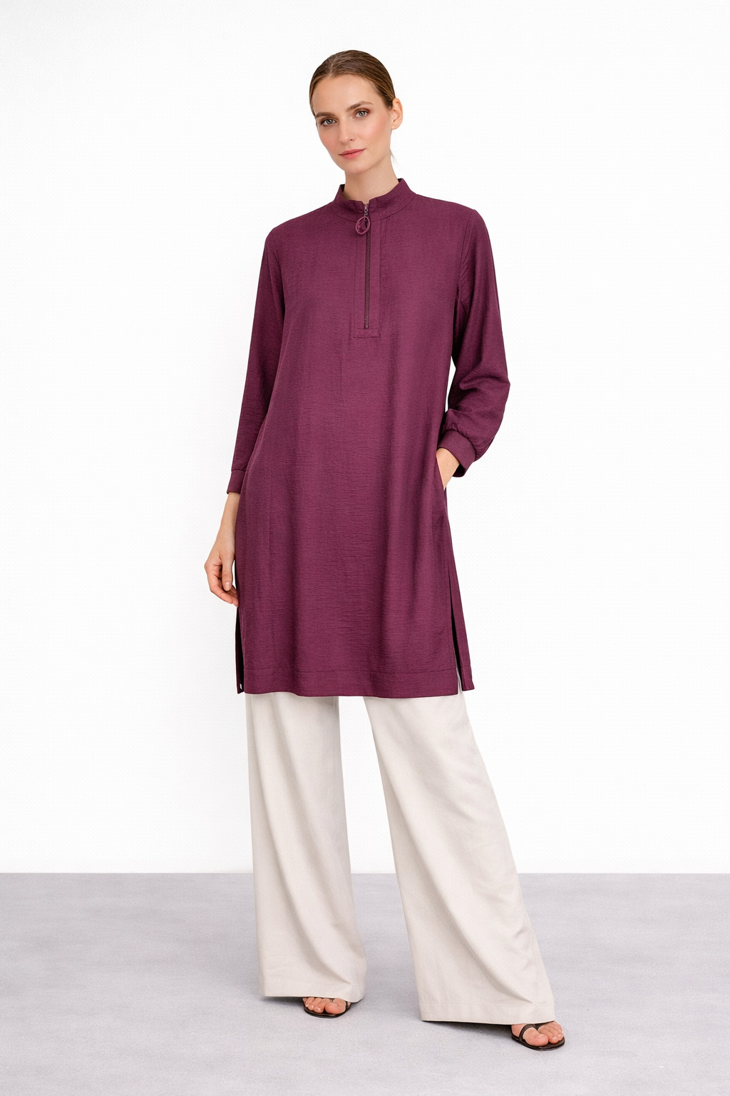 Armine Trend 26YT462 Çilek Kumaş Yarım Fermuarlı Tunik - Vişne