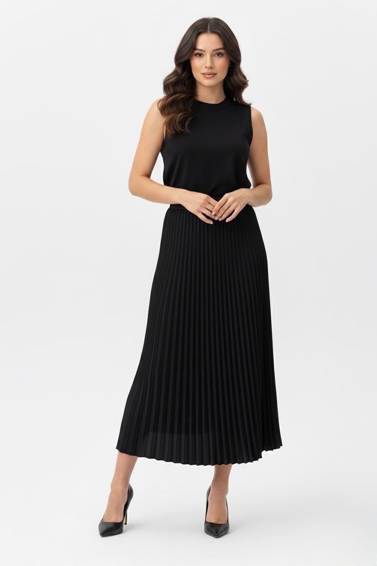Beli Lastikli Pliseli Etek 3015 - Siyah