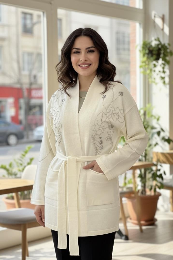 Fuat Gürşen 4612 İşleme Detaylı Hırka - Ekru