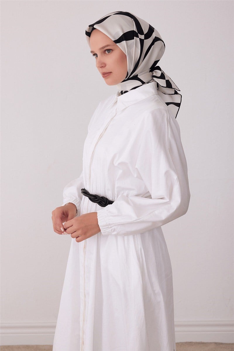 Belli 4429 Fırça Akışı Soyut %100 Twill İpek Eşarp - Ekru Eşarp BELLI 