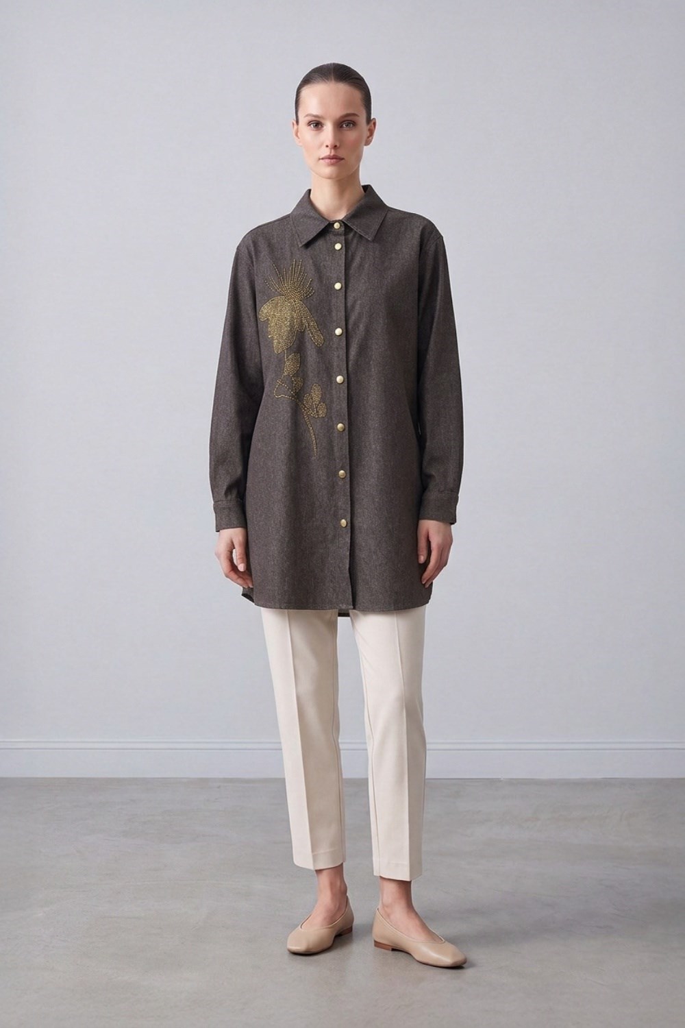 Bir Yanı İşlemeli Tunik 10806 Browni Tunik PUANE 