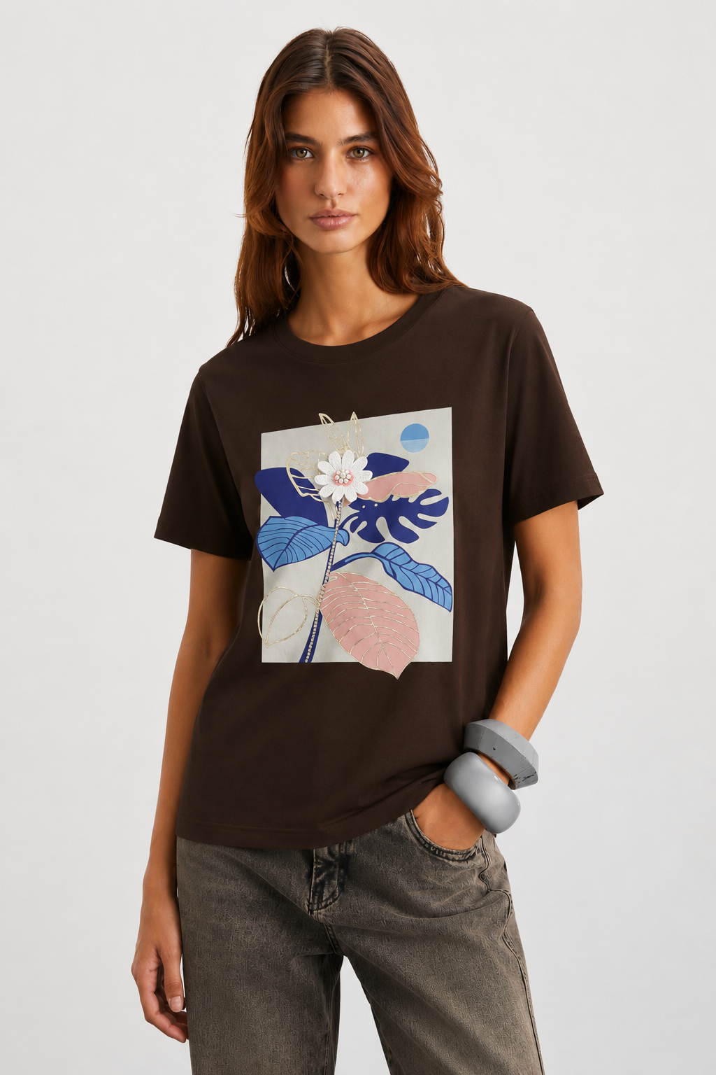 Papatyası İnci İşlemeli Tshirt 4035 - Kahve