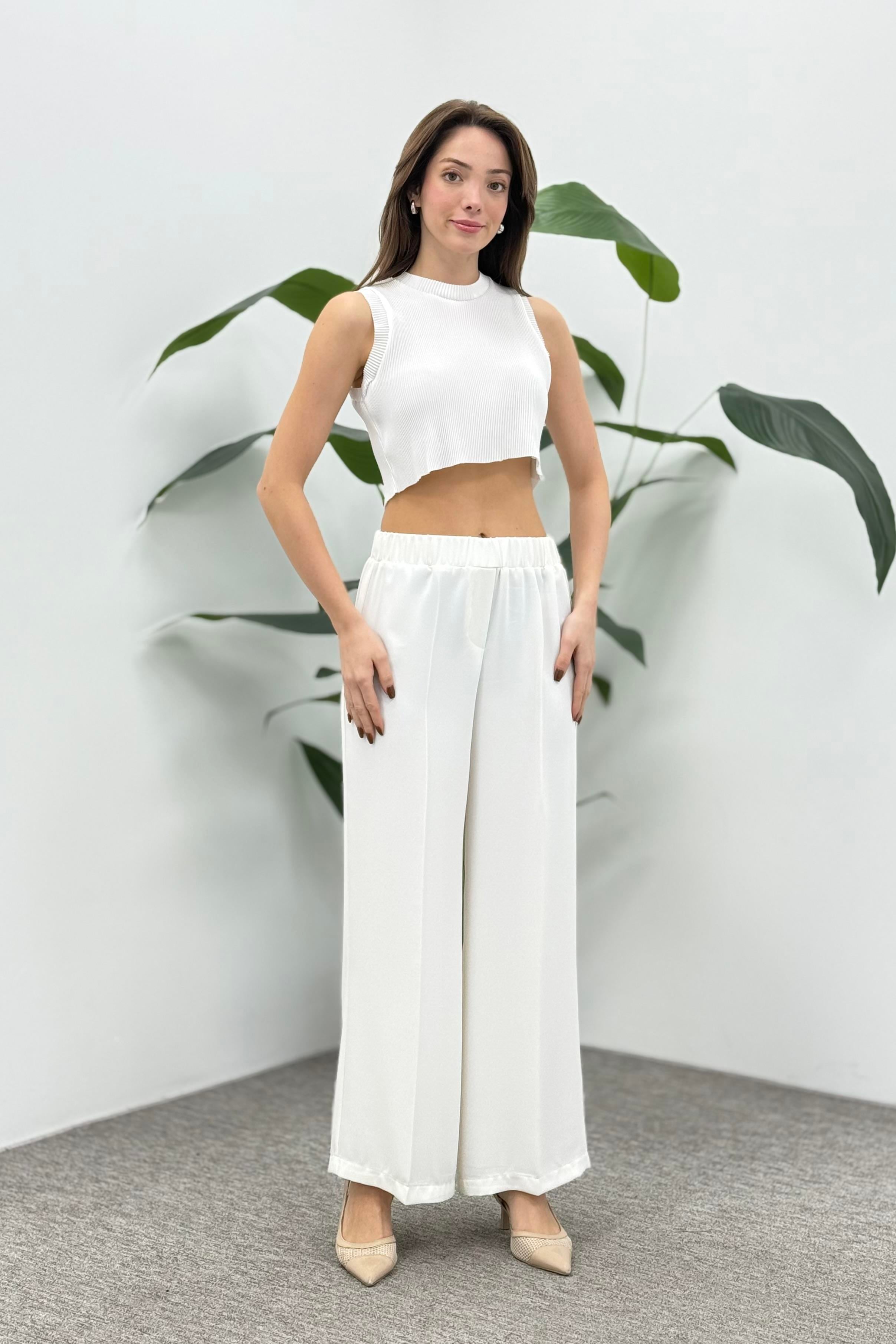 Beli Lastikli Bol Paça Krep Pantolon 1017 - Ekru