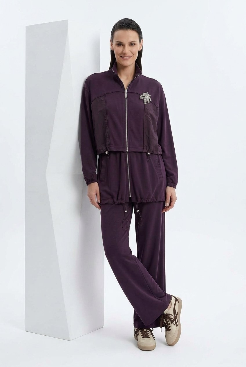 Bir Yanı Yıldız İşlemeli Pantolonlu Takım 1613 Mürdüm Takım STELLA STORE 