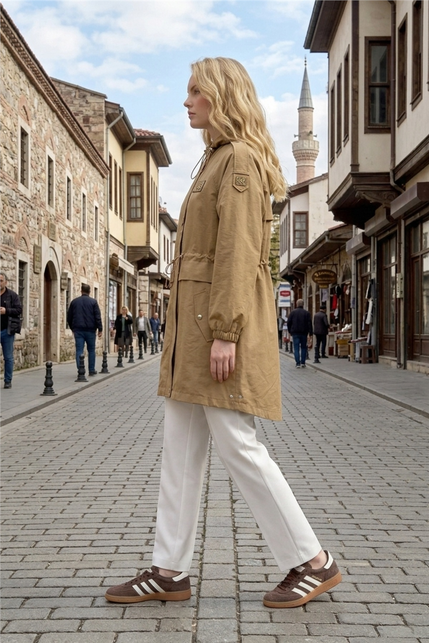 Bir Yanı Taş Baskılı Büzgülü Kap 1634 Camel