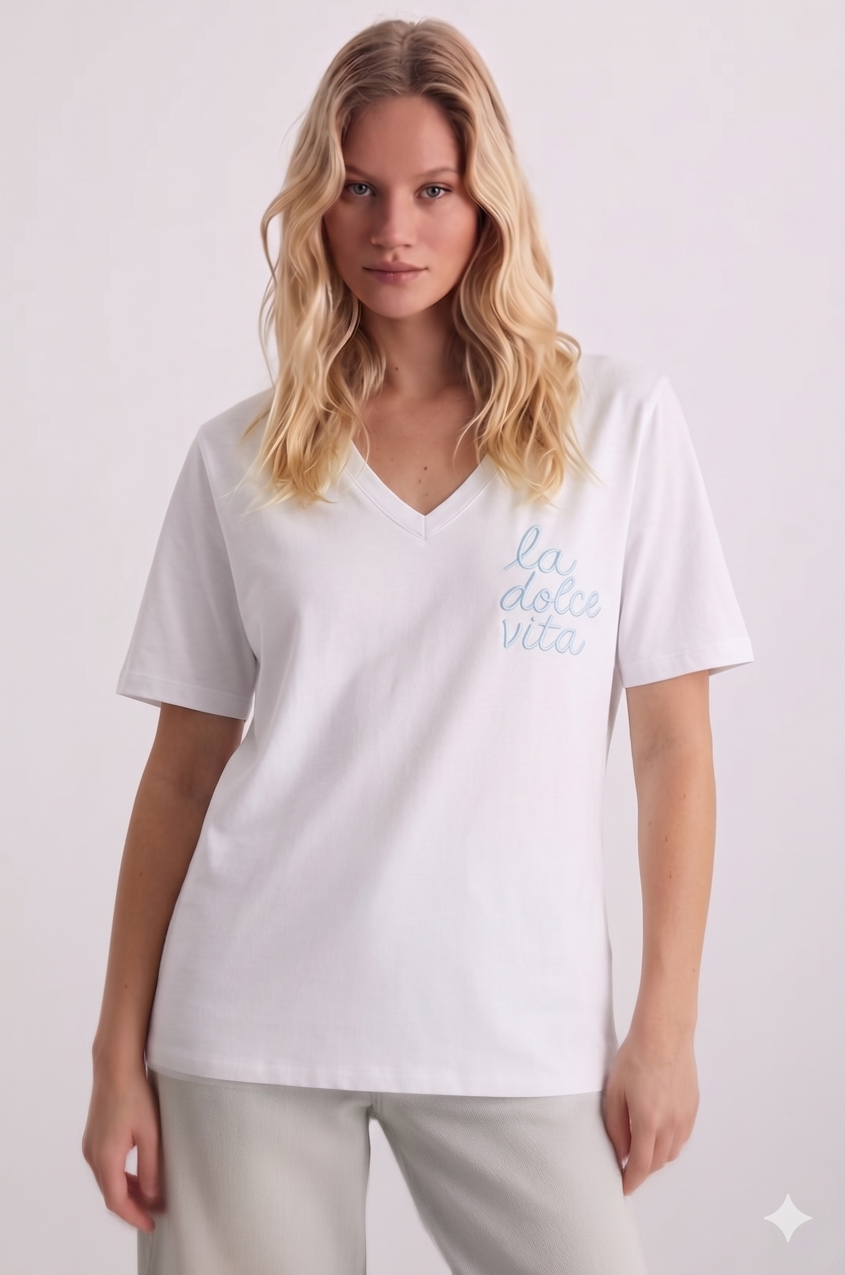 La Dolche Vita Yazılı V Yaka Tshirt 4044 - Ekru
