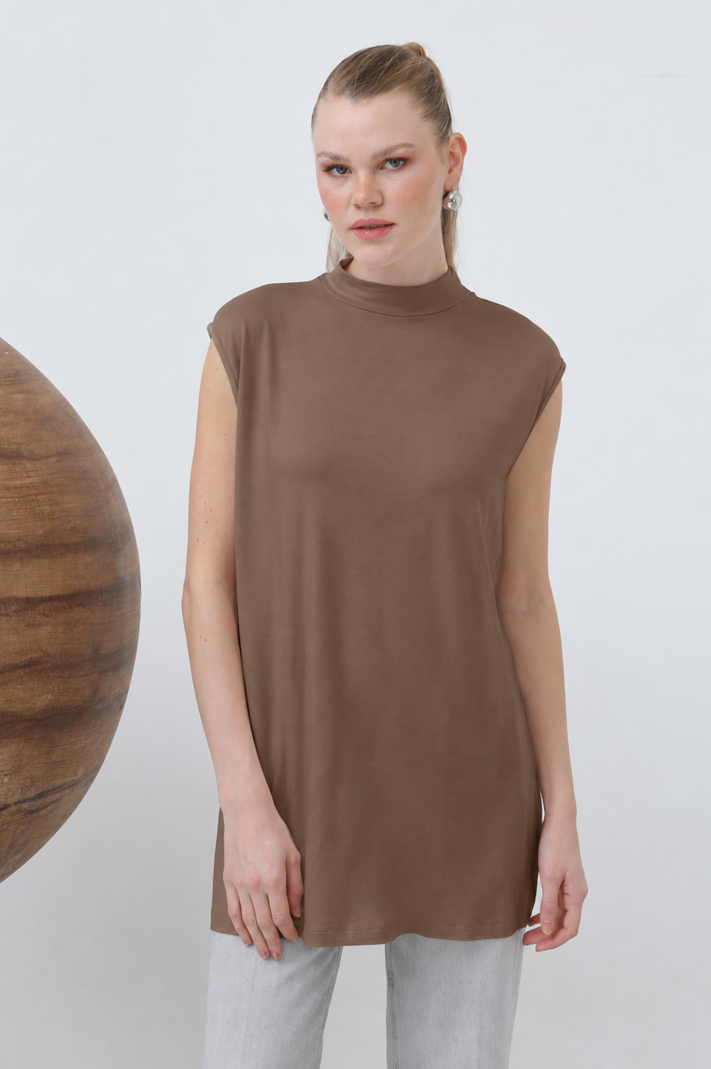 Sıfır Kol Bisiklet Yaka İçlik Tunik 40006 - Browni