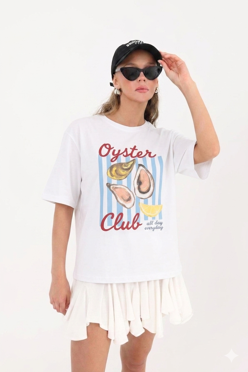 Qyster Club Yazılı Tshirt 4031 - Ekru