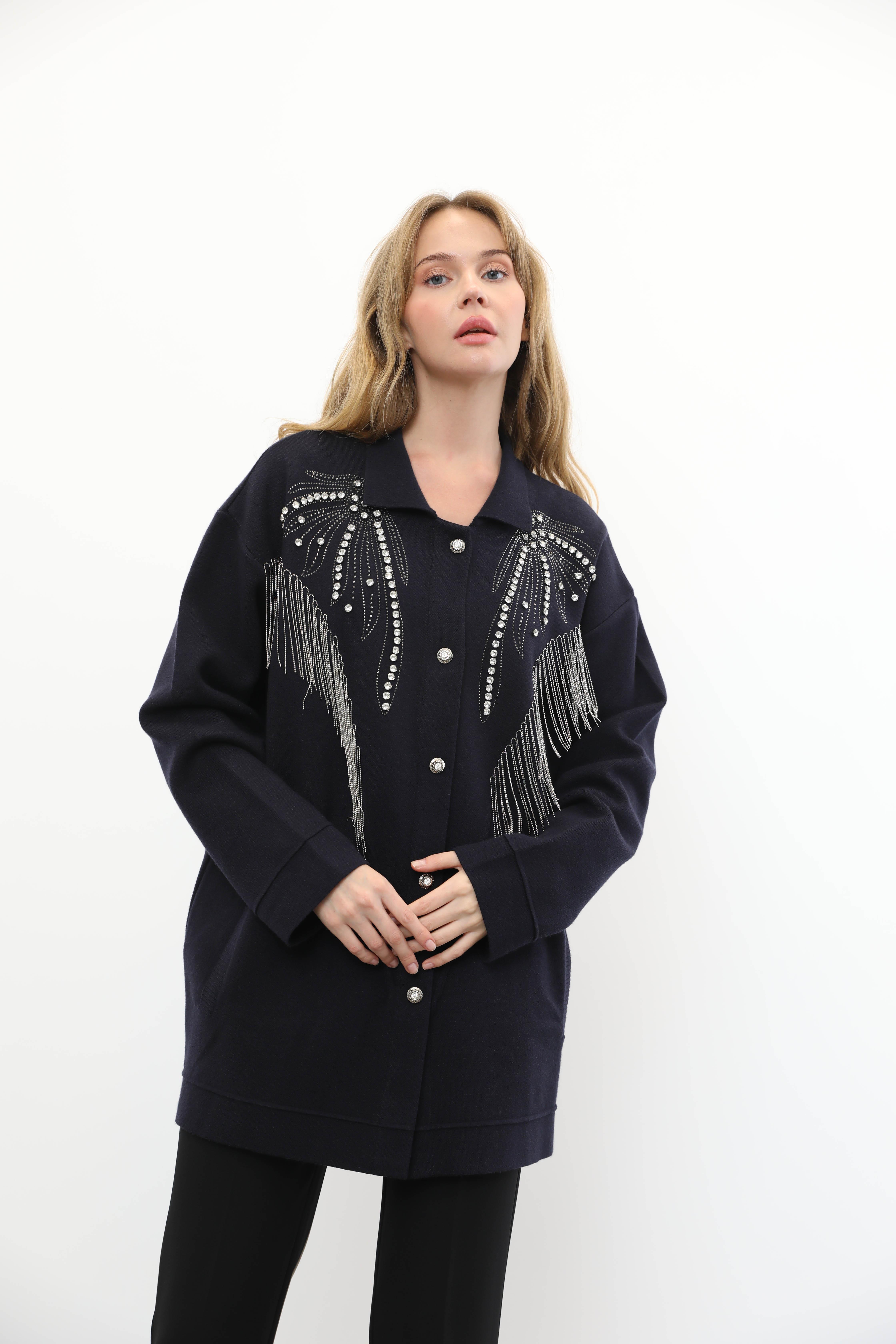 GHİSA Ghisa 3899 Taş Baskılı Zincir Detaylı Hırka - Lacivert Ghisa 3899 Taş Baskılı Zincir Detaylı Hırka - Lacivert - Bilen Giyim Hırka 