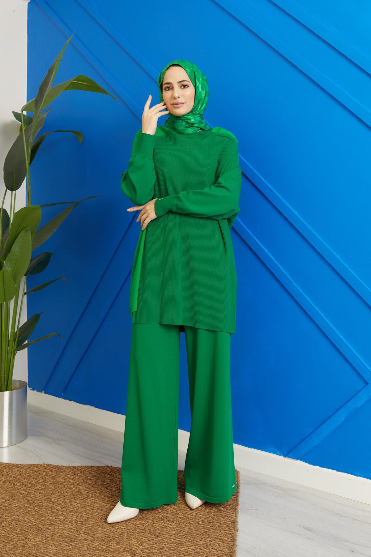 İNVEE İnvee 5749 Bol Paça Triko Pantolon - Yeşil  Pantolon