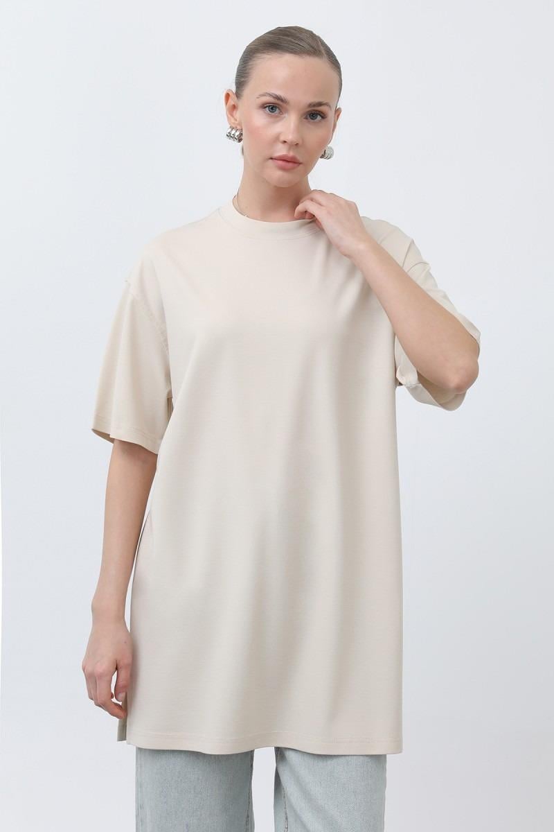 PUANE Kısa Kol Basic Uzun T-shirt 40009 - Bej Kısa Kol Basic Uzun T-shirt 40009 - Bilen Giyim T-shirt 