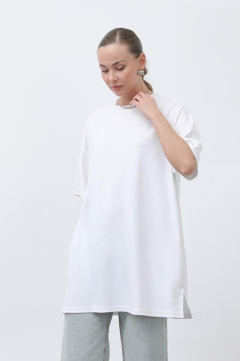 PUANE Kısa Kol Basic Uzun T-shirt 40009 - Ekru Kısa Kol Basic Uzun T-shirt 40009 - Bilen Giyim T-shirt 