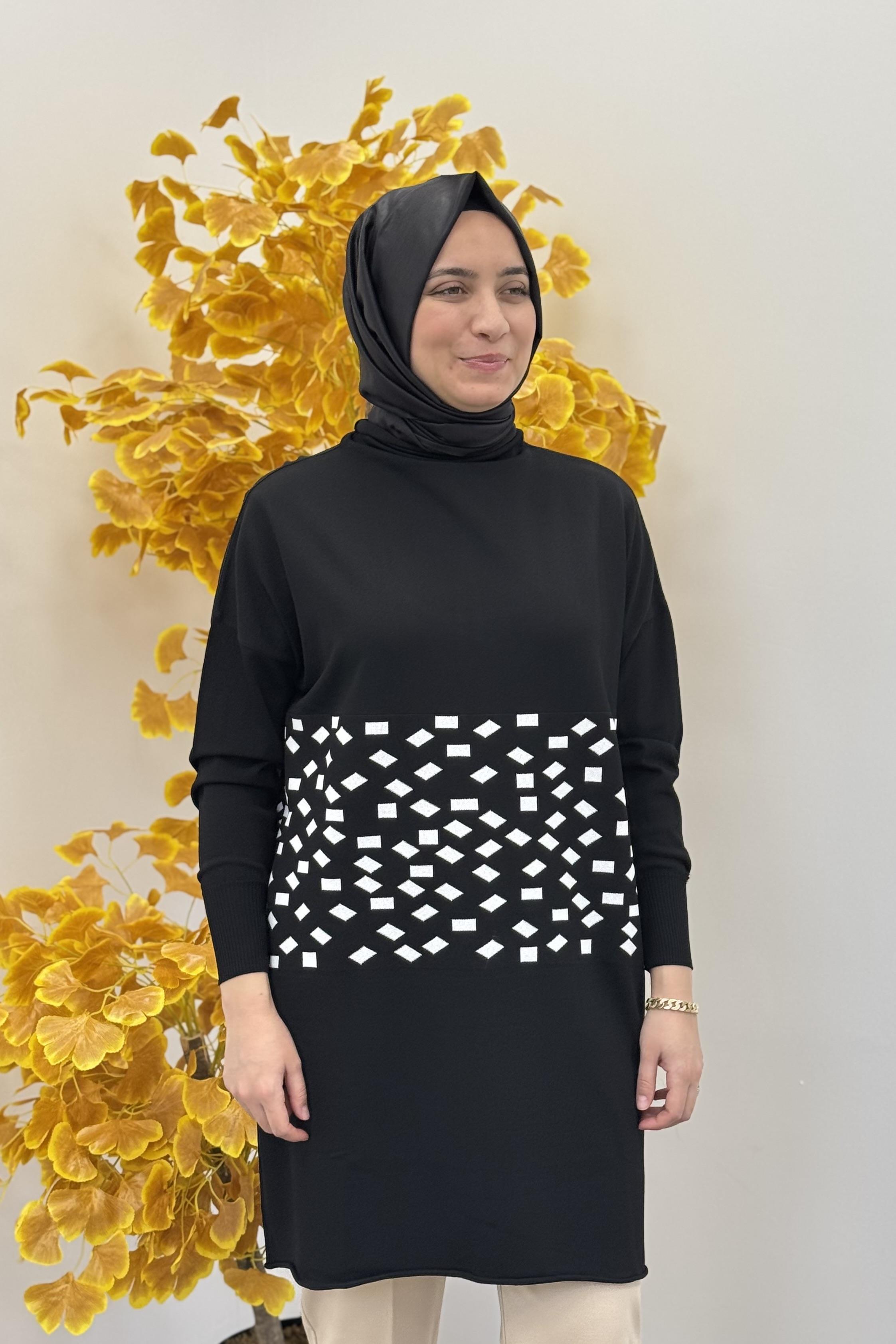 Misswhence Miss 242 Damalı Triko Tunik - Ekru