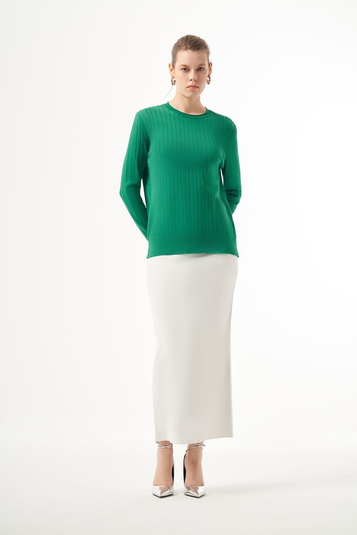 NUSS Nuss 1202 Kendinden Çizgili Kısa Merserize Bluz - Zümrüt  Bluz 