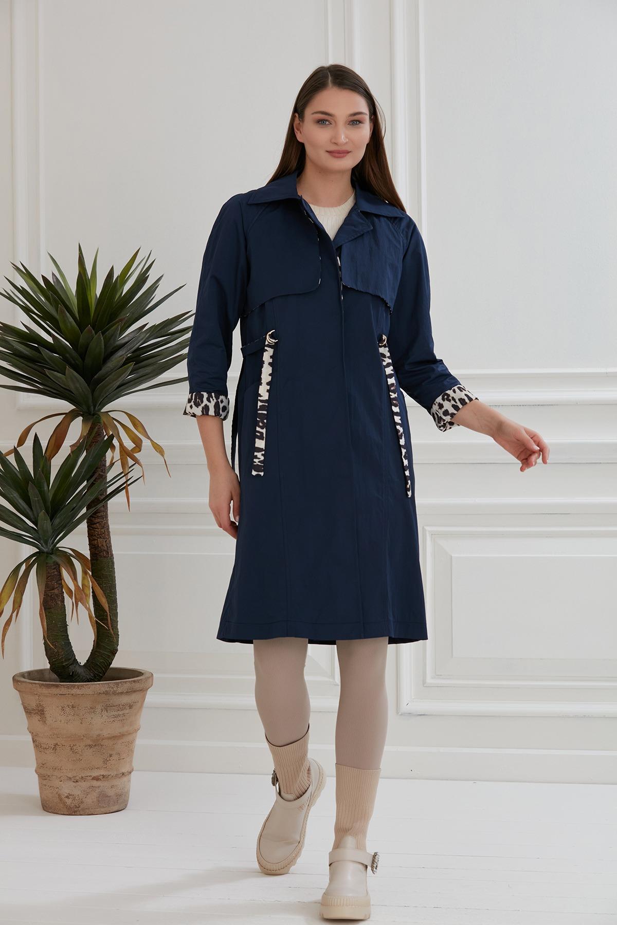 Trenç 3519 Kuş Göz Kemeri Leopar Detay Trençkot - Lacivert