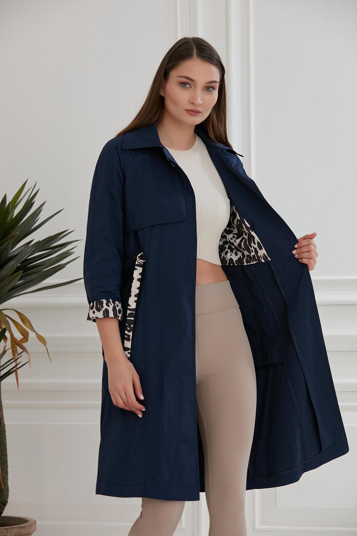 Trenç 3519 Kuş Göz Kemeri Leopar Detay Trençkot - Lacivert